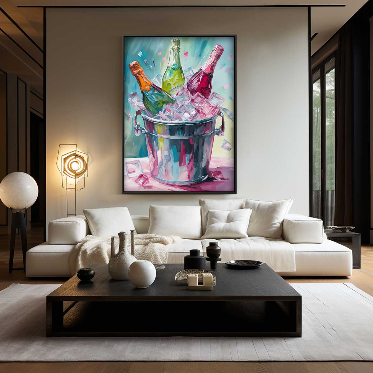 Drie Champagneflessen op IJs Kunstwerk-canvas-dibond-plexiglas-wanddecoratie-WallArtistic