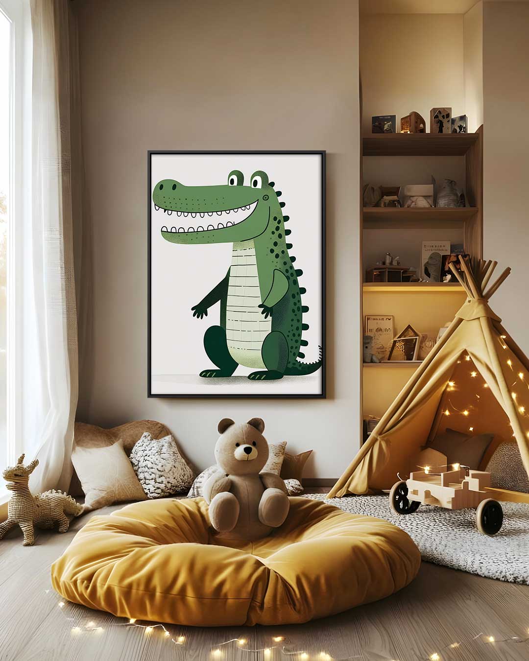 Vrolijke Krokodil Illustratie Kunstwerk-canvas-dibond-plexiglas-wanddecoratie-WallArtistic