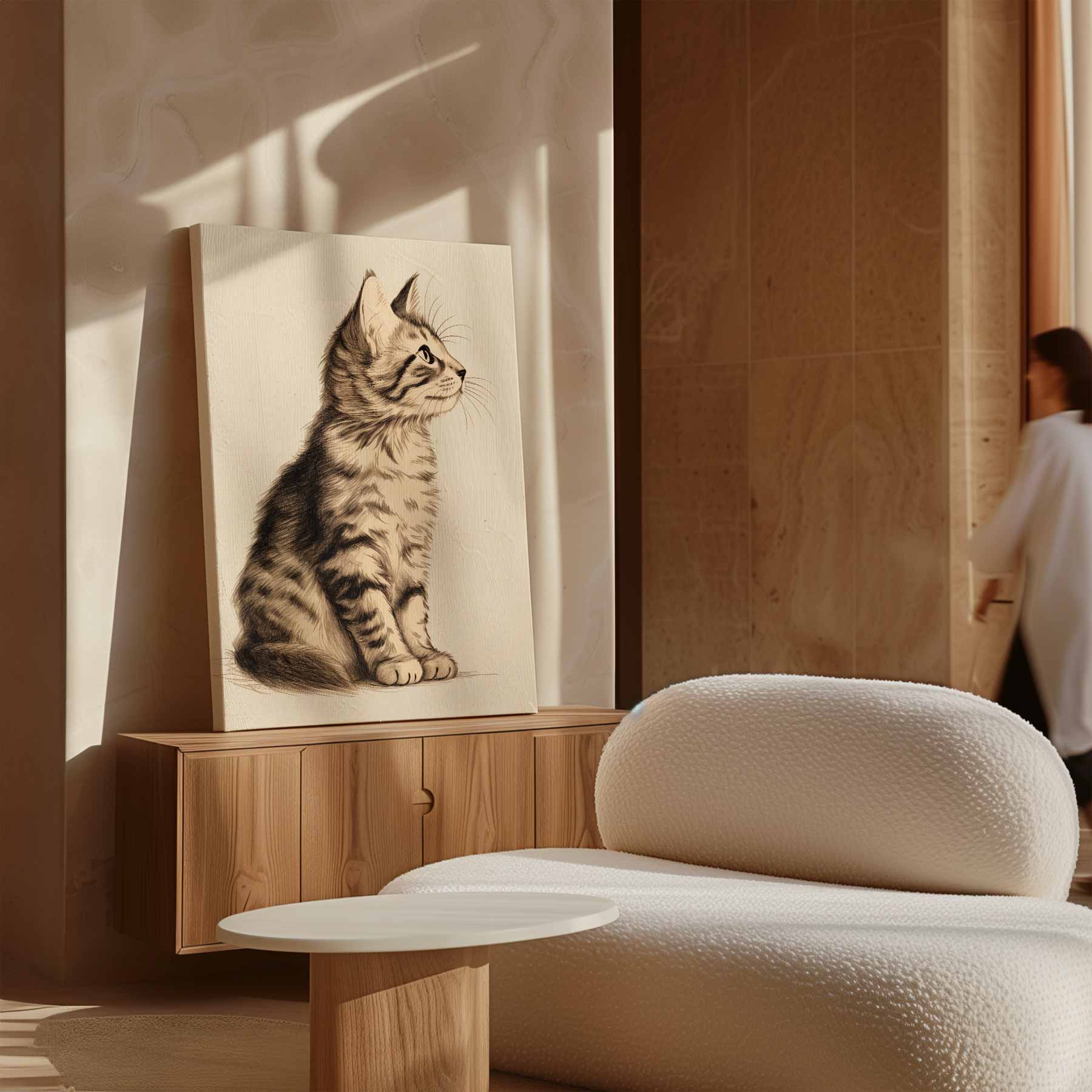 Dromerige Kat in Potlood Kunstwerk-canvas-dibond-plexiglas-wanddecoratie-WallArtistic