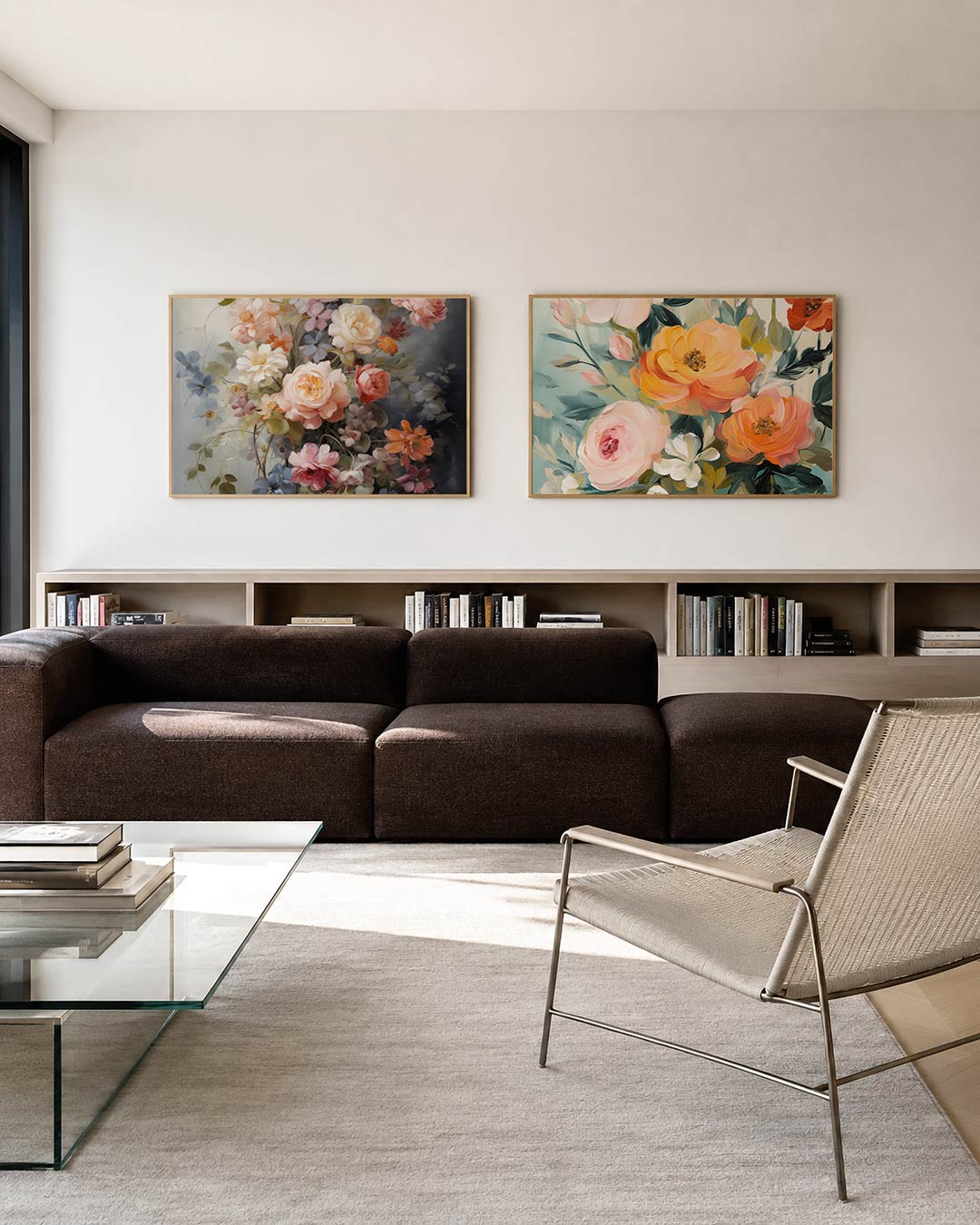 Tweedelige posterset met een weelderige verzameling bloemen in zachte tinten, getoond in een interieur