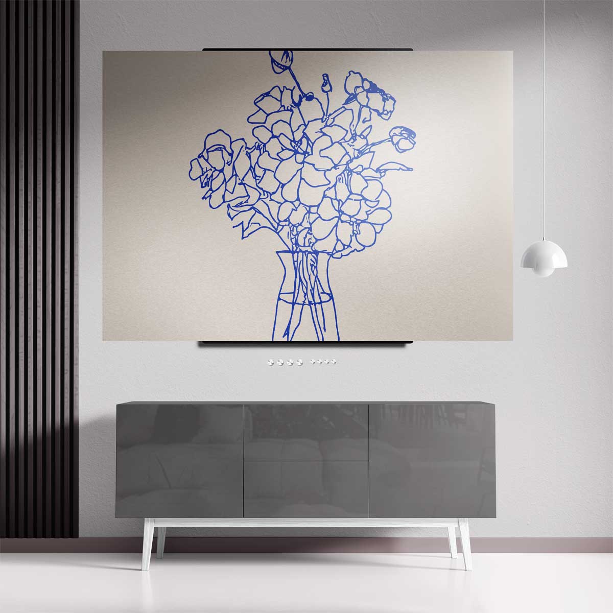Elegante Blauwe Bloemenlijn Kunstwerk-canvas-dibond-plexiglas-wanddecoratie-WallArtistic