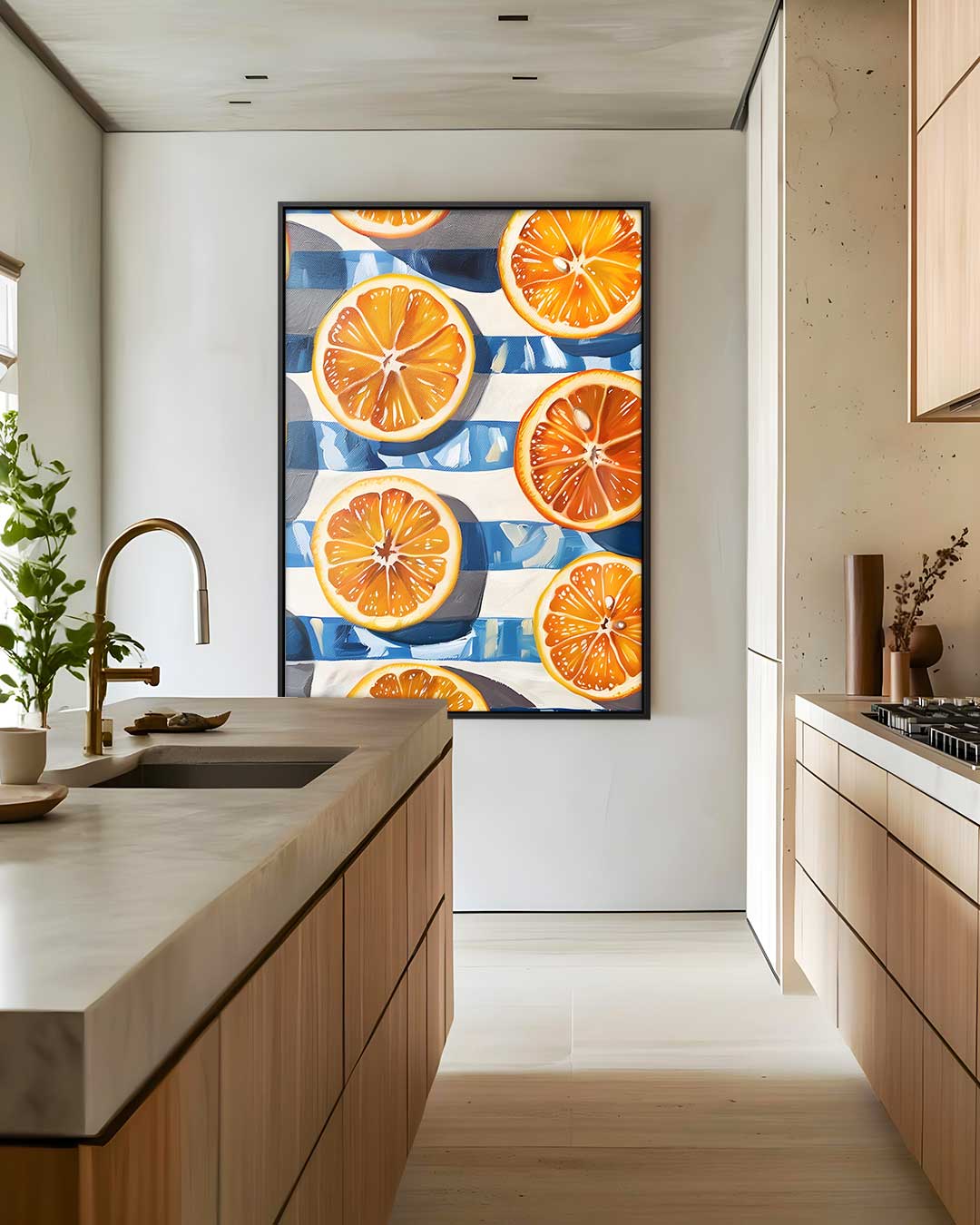 Sinaasappels op een Blauwe Strepen Achtergrond Kunstwerk-canvas-dibond-plexiglas-wanddecoratie-WallArtistic