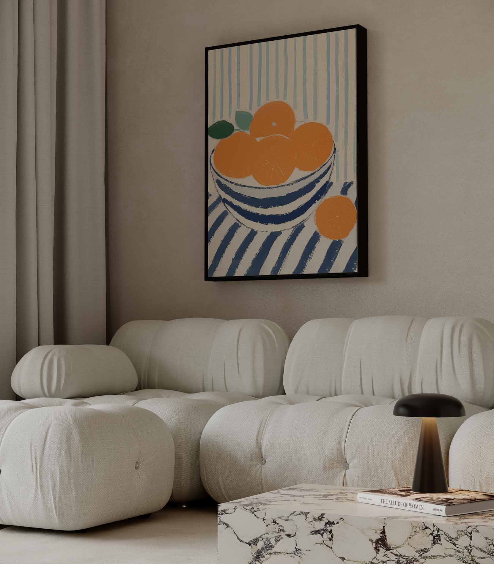 Zonnige Sinaasappels in Streepjesland Kunstwerk-canvas-dibond-plexiglas-wanddecoratie-WallArtistic