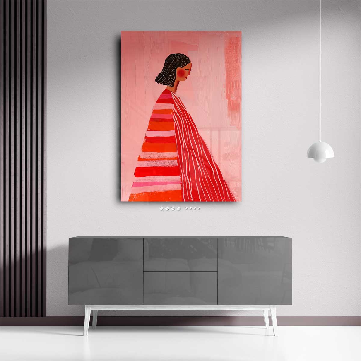 Vrouw in Roze en Rood Kunstwerk-canvas-dibond-plexiglas-wanddecoratie-WallArtistic