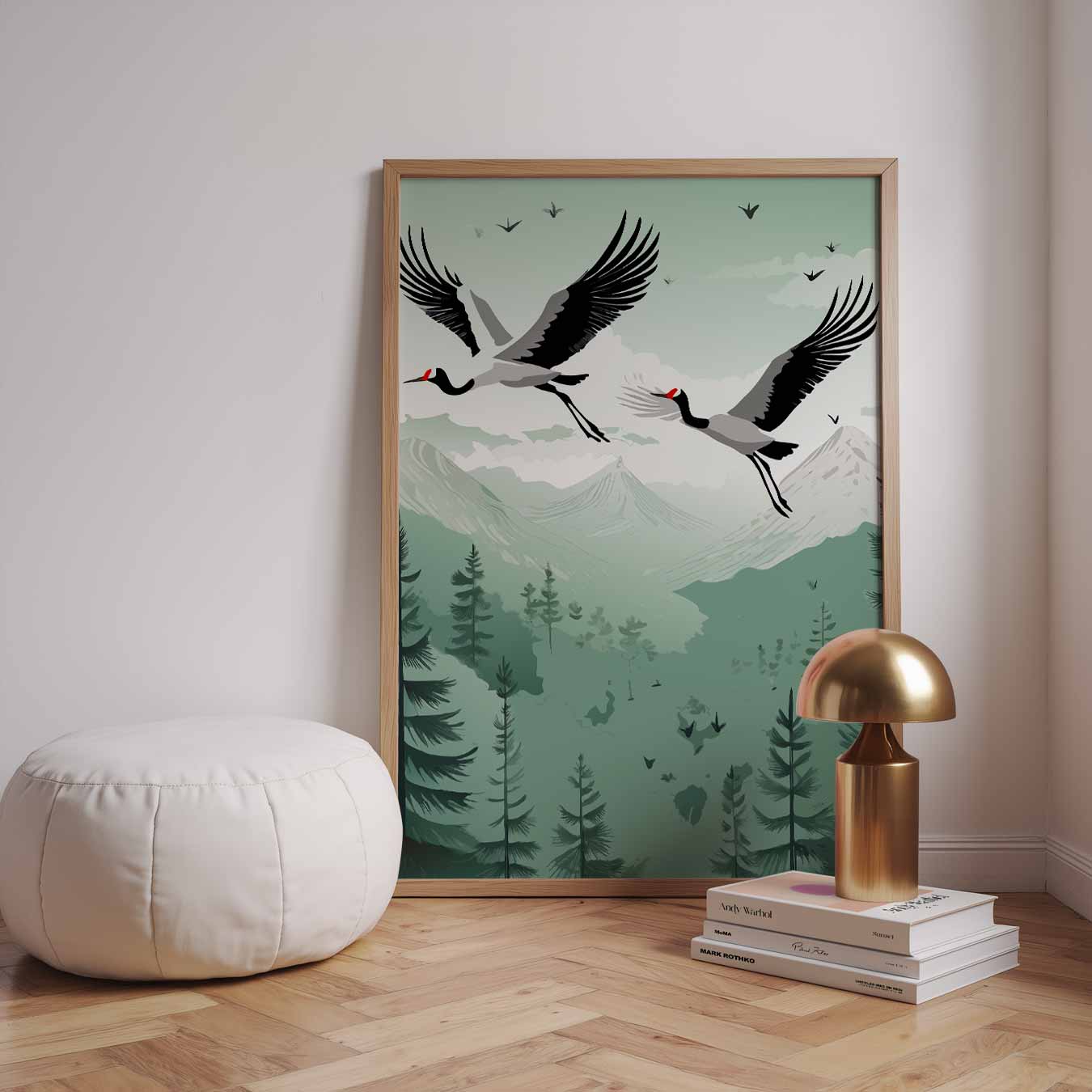 Zwevende Kraanvogels in Berglandschap Poster-WallArtistic