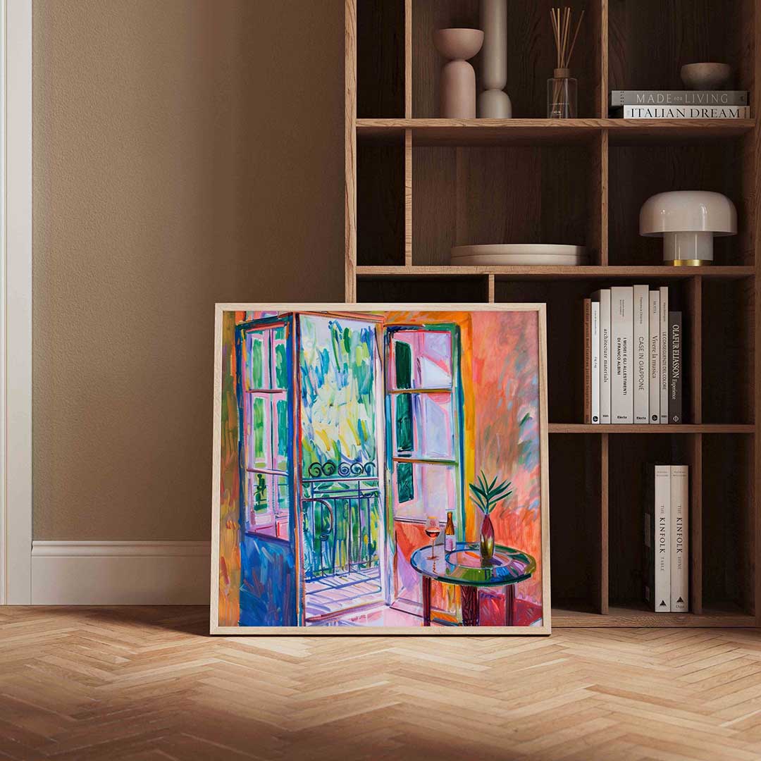 Open balkon met tafel Poster