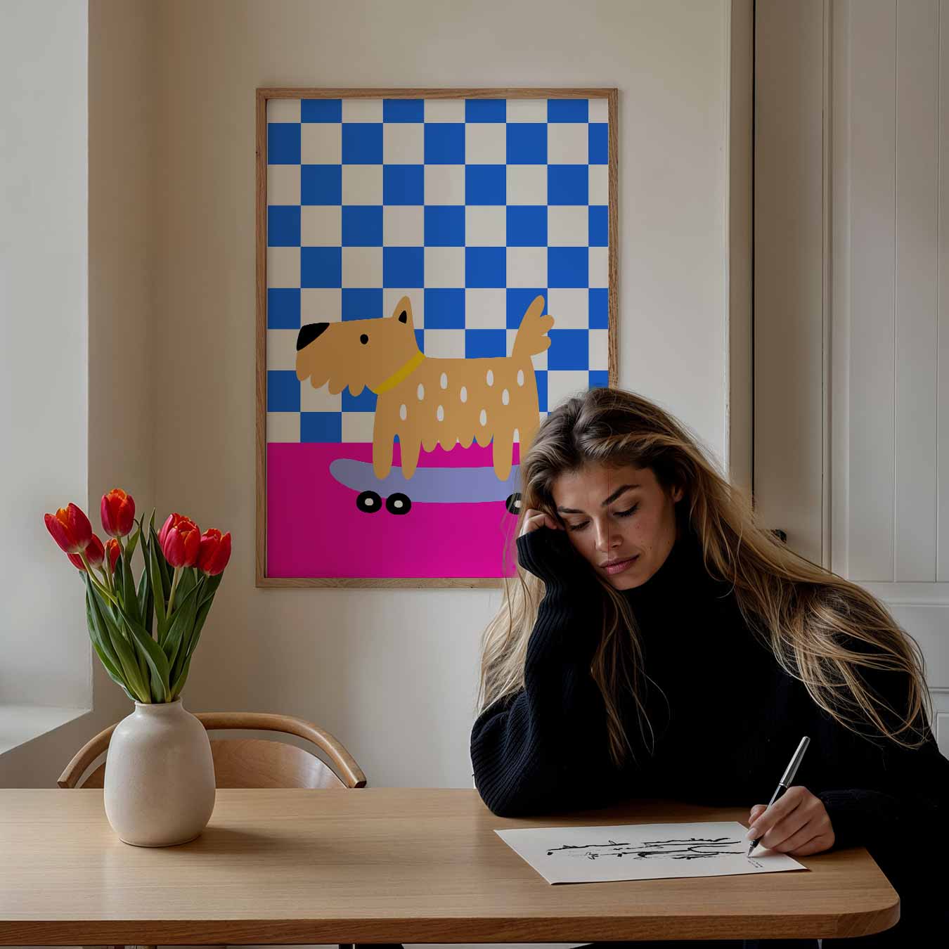 Schattige Hond op Skateboard Poster-WallArtistic
