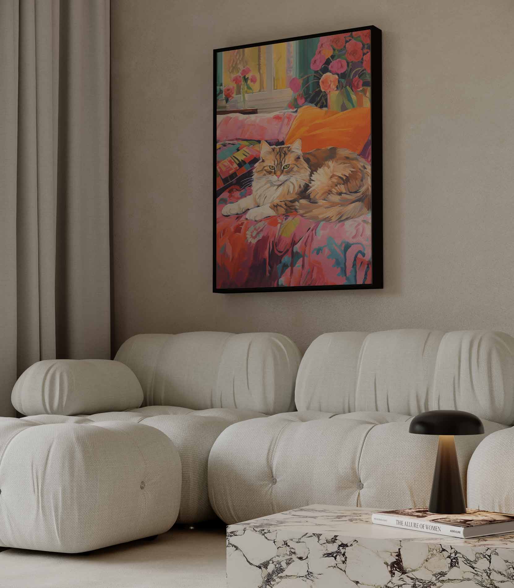 Kat op Bloemenbank Kunstwerk-canvas-dibond-plexiglas-wanddecoratie-WallArtistic