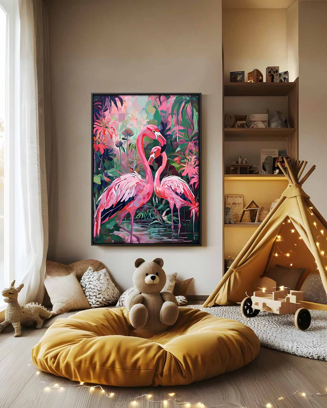 Flamingo Fantasie Kunstwerk-canvas-dibond-plexiglas-wanddecoratie-WallArtistic