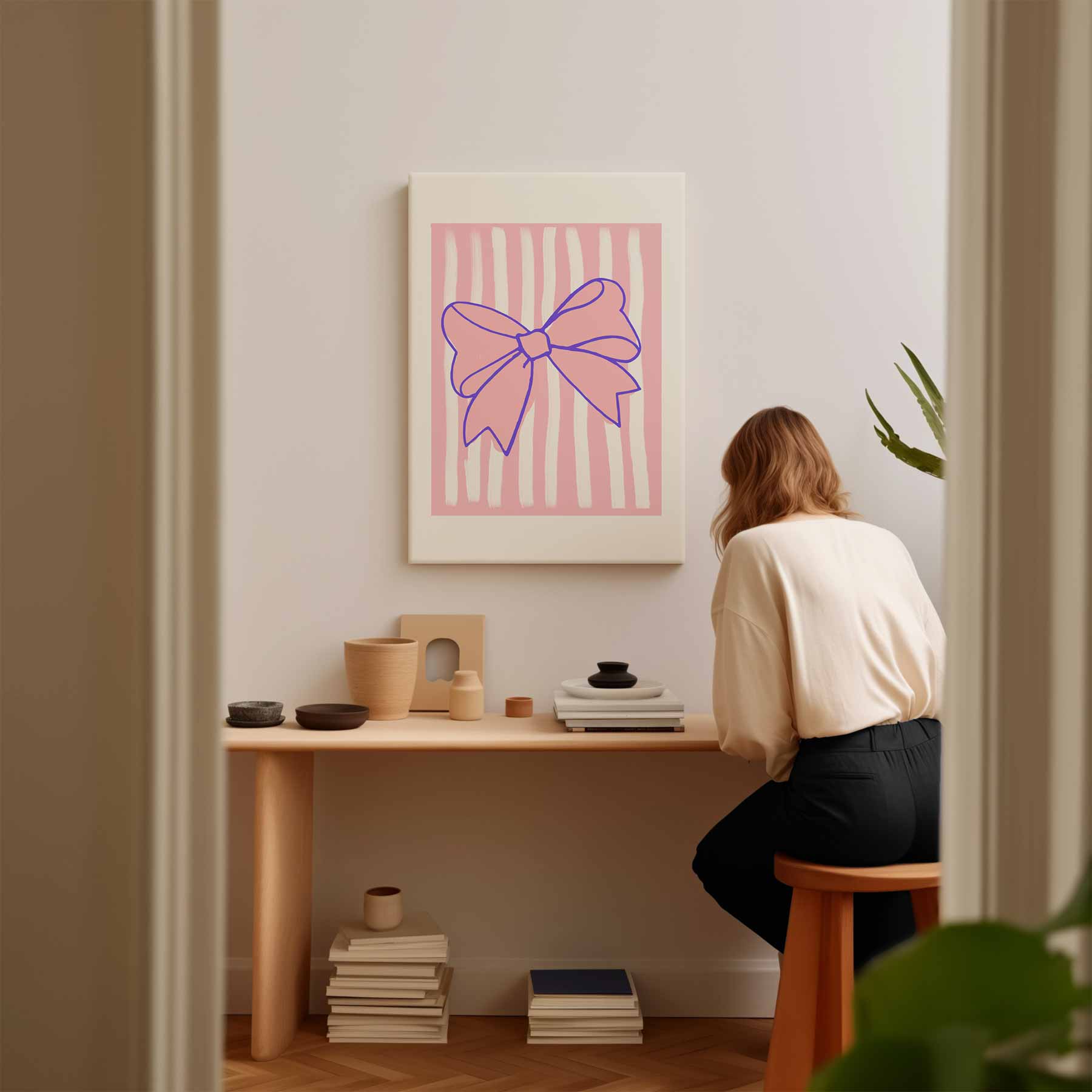 Speelse Strik op Roze Strepen Kunstwerk-canvas-dibond-plexiglas-wanddecoratie-WallArtistic