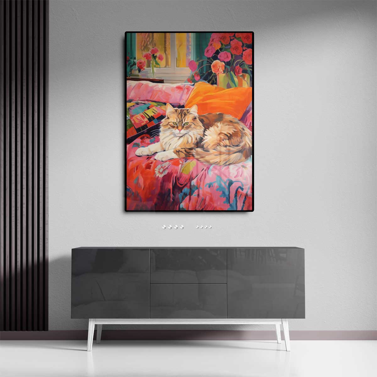 Kat op Bloemenbank Kunstwerk-canvas-dibond-plexiglas-wanddecoratie-WallArtistic