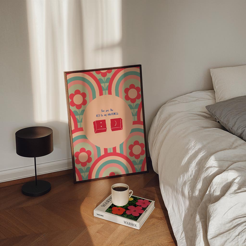 Retro Bloemen en Sleutel Poster