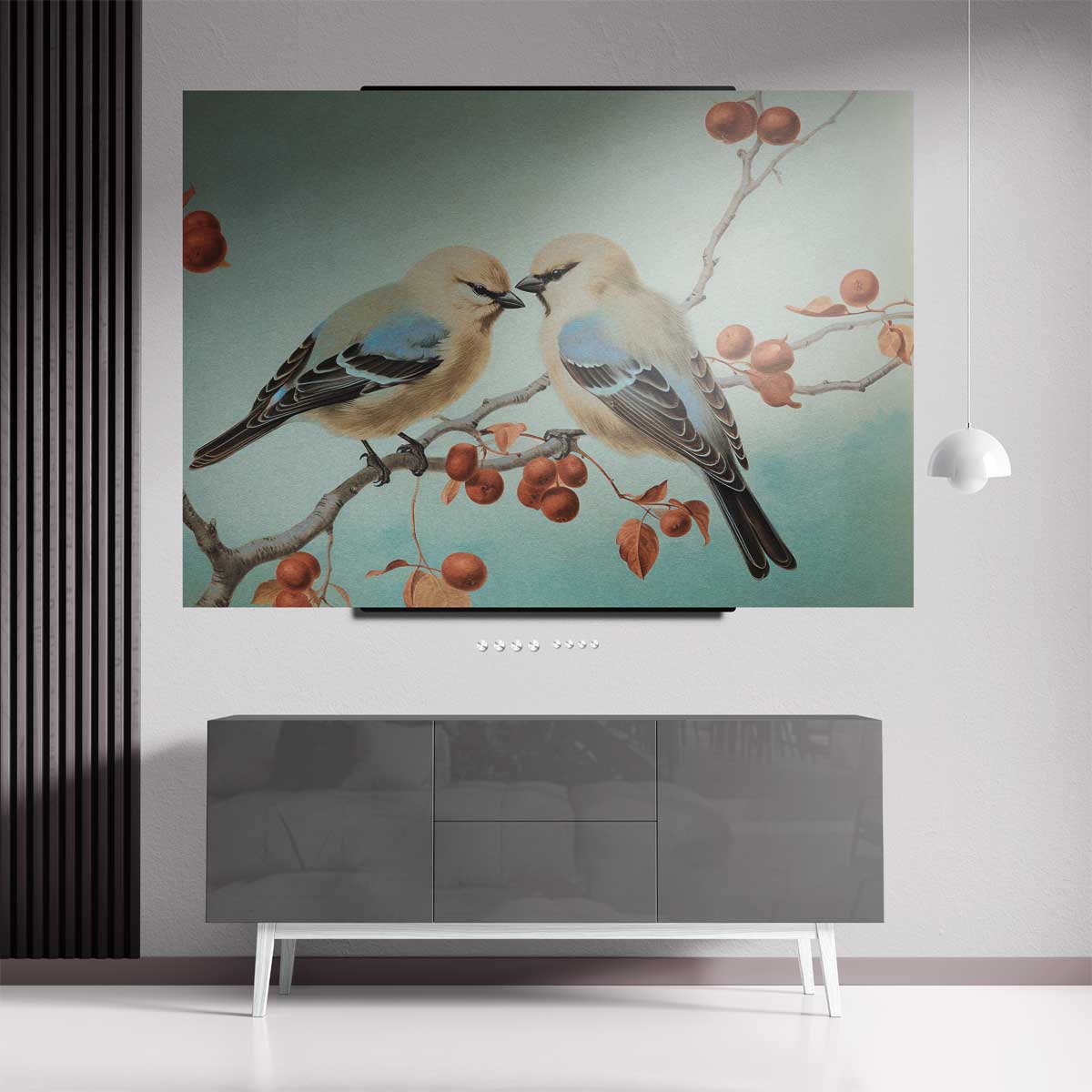 Twee Vogels op een Tak Kunstwerk-canvas-dibond-plexiglas-wanddecoratie-WallArtistic
