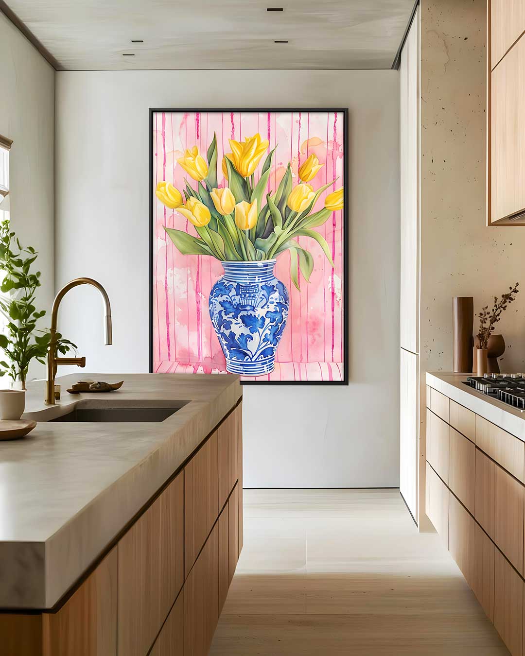 Vrolijke Gele Tulpen in Delfts Blauwe Vaas Kunstwerk-canvas-dibond-plexiglas-wanddecoratie-WallArtistic