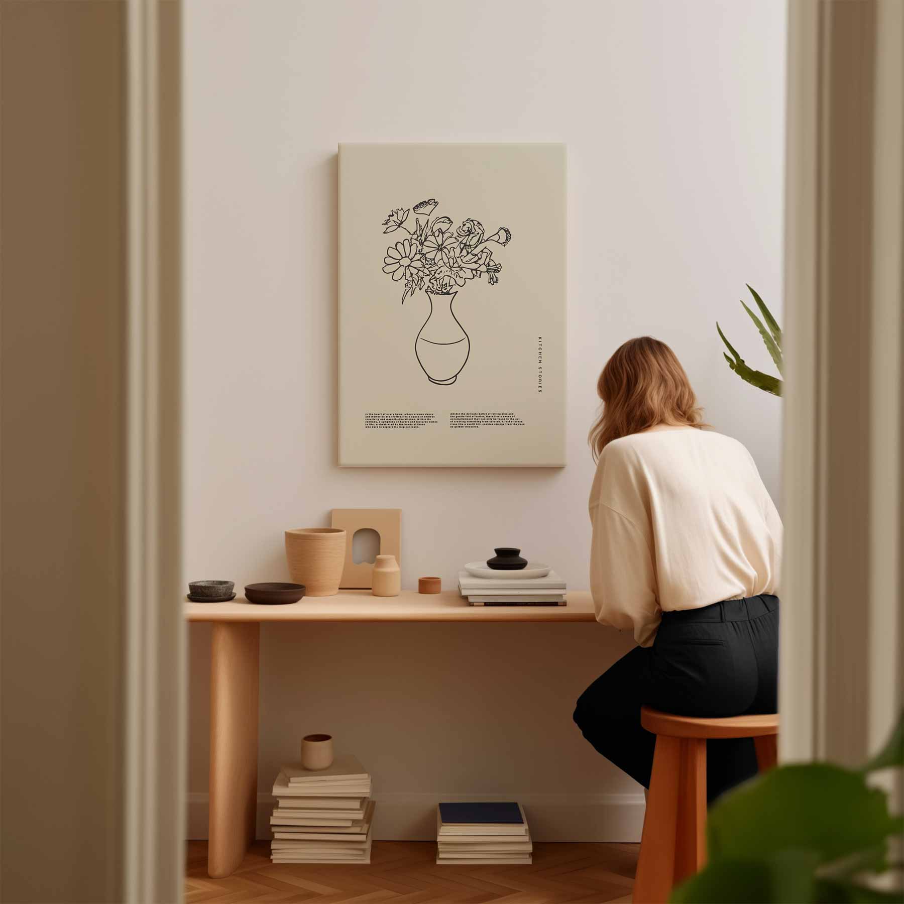 Vaas met Bloemen Lijntekening Kunstwerk-canvas-dibond-plexiglas-wanddecoratie-WallArtistic