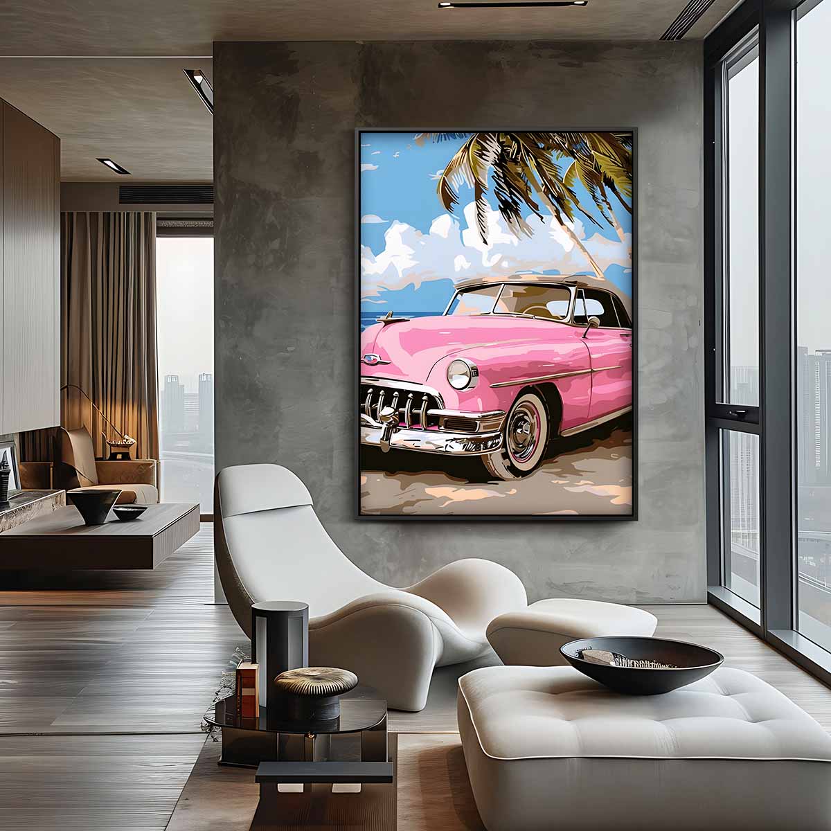 Roze Oldtimer aan het Strand Kunstwerk-canvas-dibond-plexiglas-wanddecoratie-WallArtistic