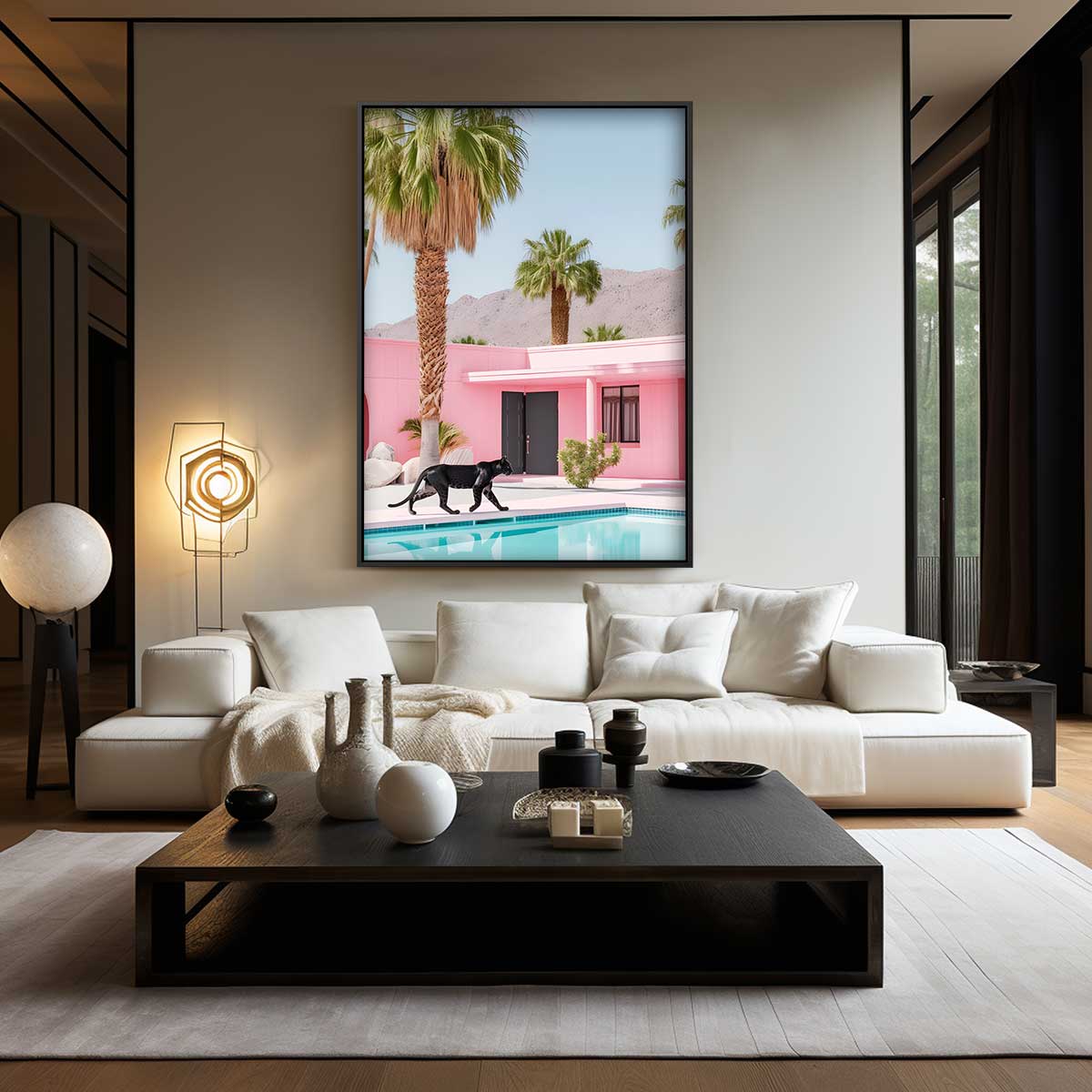 Zwervende Panter bij Roze Oase Kunstwerk-canvas-dibond-plexiglas-wanddecoratie-WallArtistic