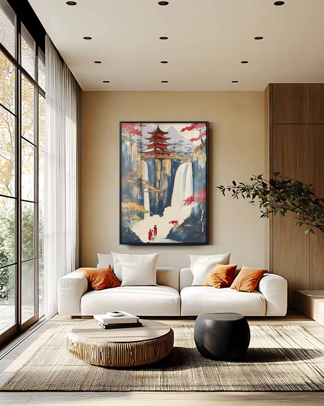 Mystieke Watervallen en Tempel Kunstwerk-canvas-dibond-plexiglas-wanddecoratie-WallArtistic