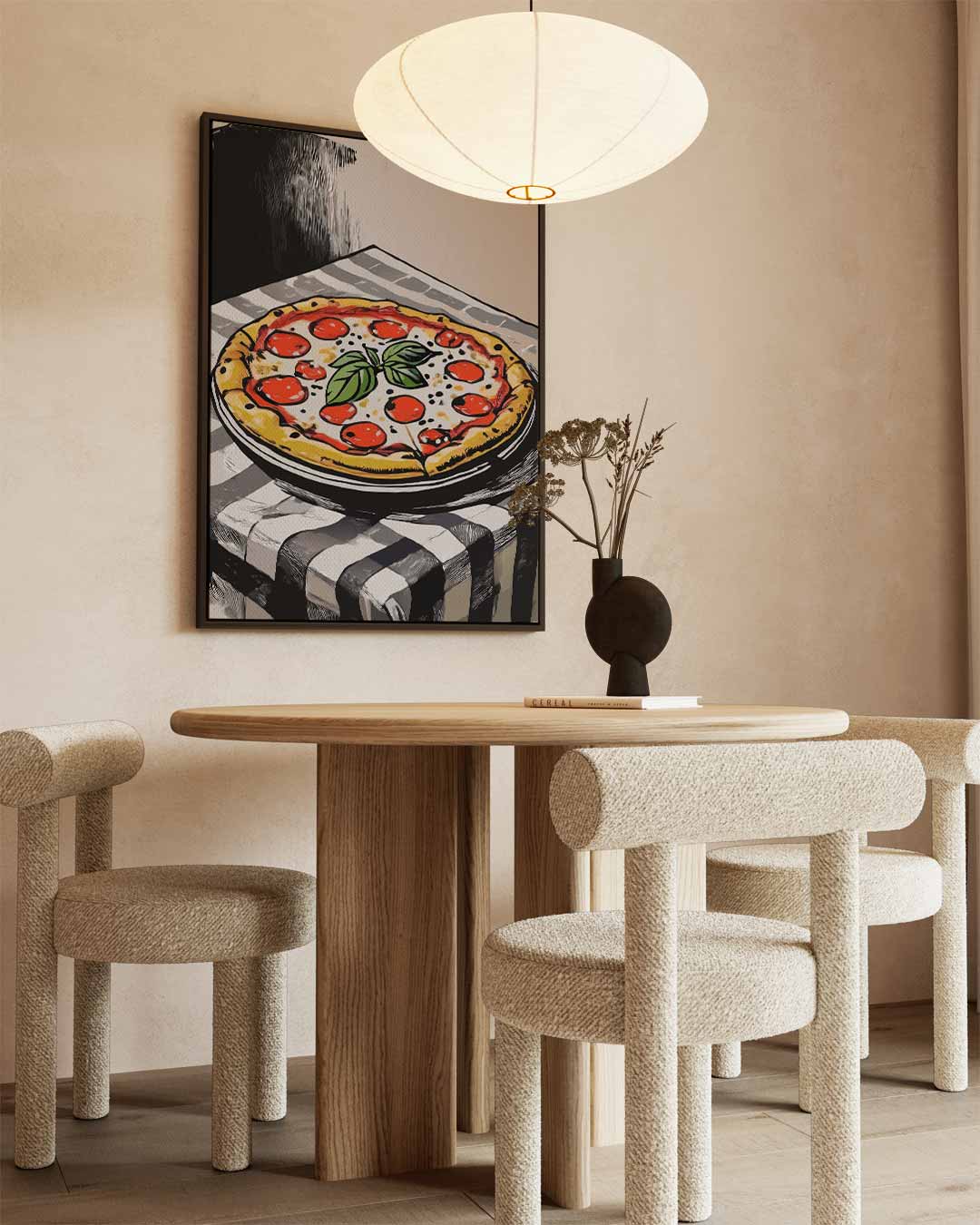 Sfeervolle Pizza op Tafel Kunstwerk-canvas-dibond-plexiglas-wanddecoratie-WallArtistic