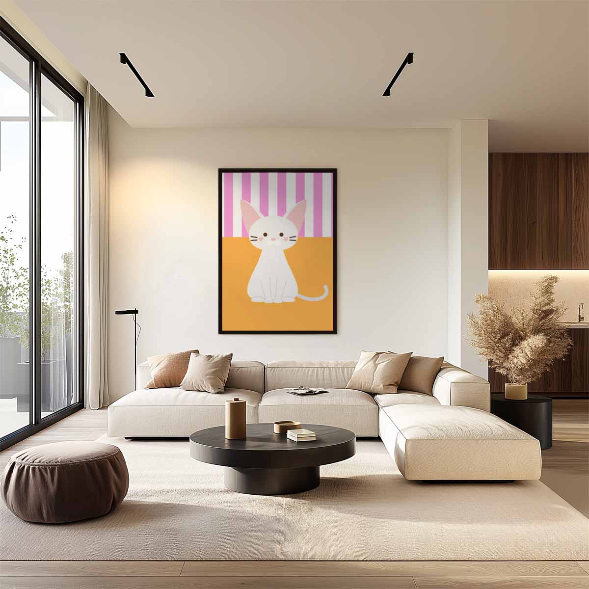 Schattige Kat op Streepjesachtergrond Kunstwerk-canvas-dibond-plexiglas-wanddecoratie-WallArtistic