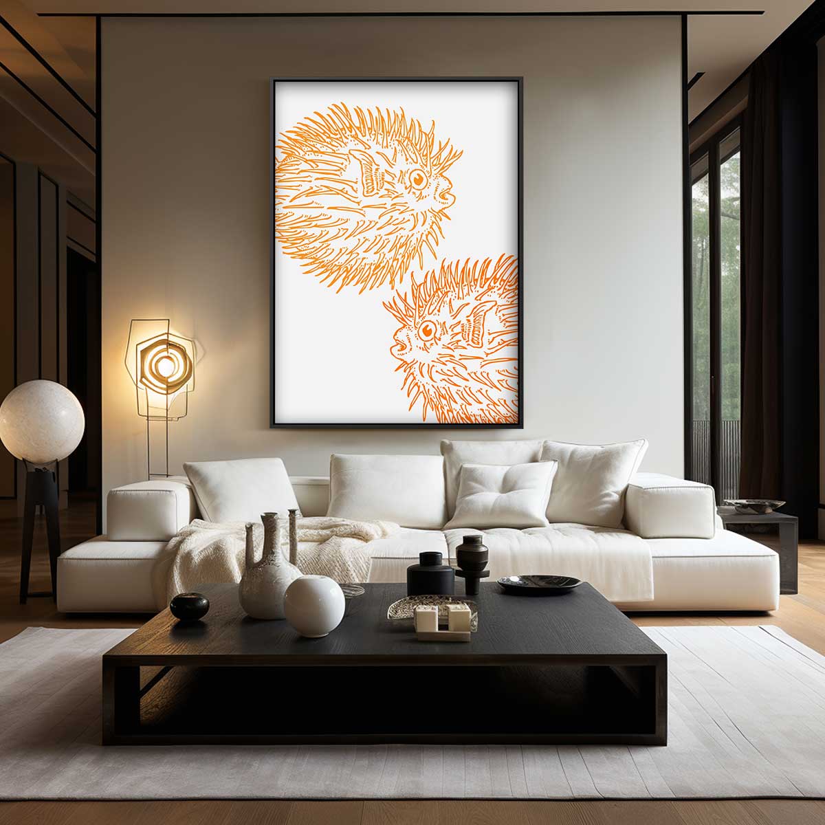 Opvallende Oranje Kogelvis Illustratie Kunstwerk-canvas-dibond-plexiglas-wanddecoratie-WallArtistic