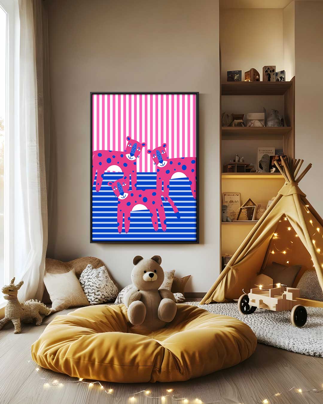 Vrolijke Roze Luipaarden Kunstwerk-canvas-dibond-plexiglas-wanddecoratie-WallArtistic