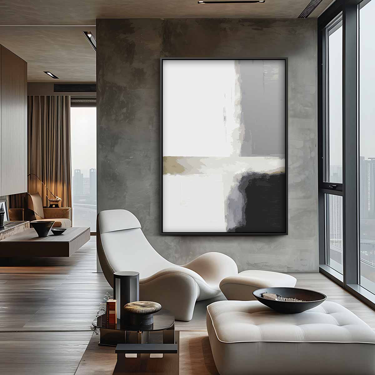 Moderne Abstractie in Grijs Kunstwerk-canvas-dibond-plexiglas-wanddecoratie-WallArtistic