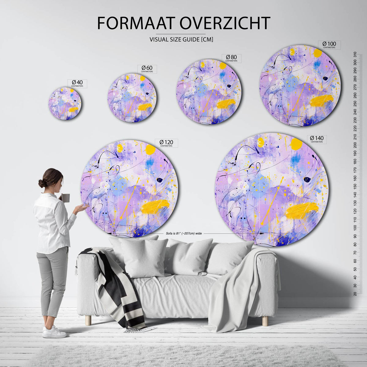 Abstracte paarse en gele Muurcirkel – extra productweergave – De muurcirkel toont een abstract patroon met paarse en gele