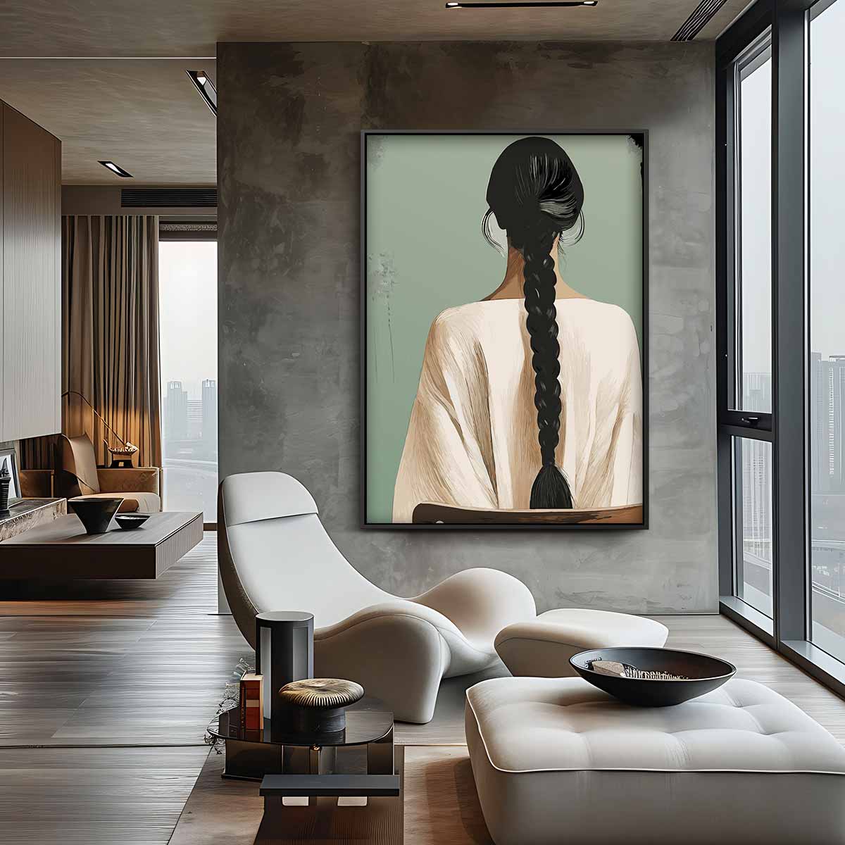Vrouw met Vlecht Kunstwerk-canvas-dibond-plexiglas-wanddecoratie-WallArtistic