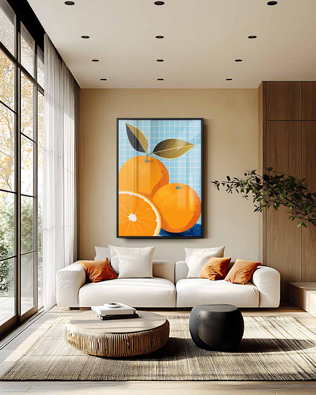 Vrolijke Sinaasappels op Blauw Kunstwerk-canvas-dibond-plexiglas-wanddecoratie-WallArtistic