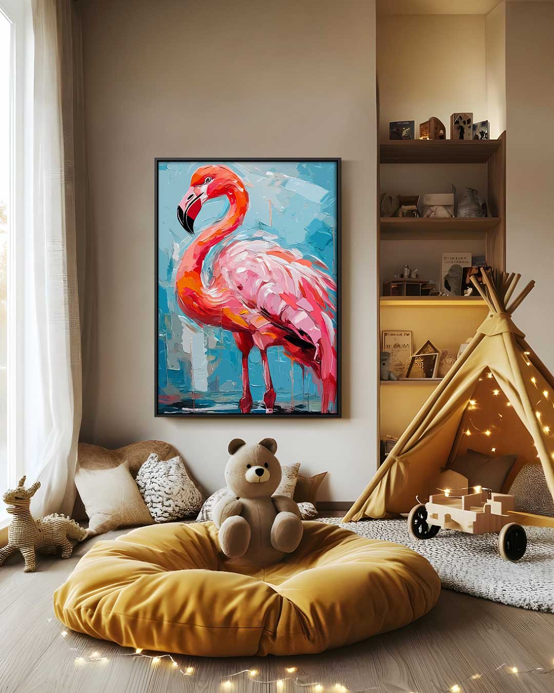 Vrolijke Flamingo op Blauw Kunstwerk-canvas-dibond-plexiglas-wanddecoratie-WallArtistic
