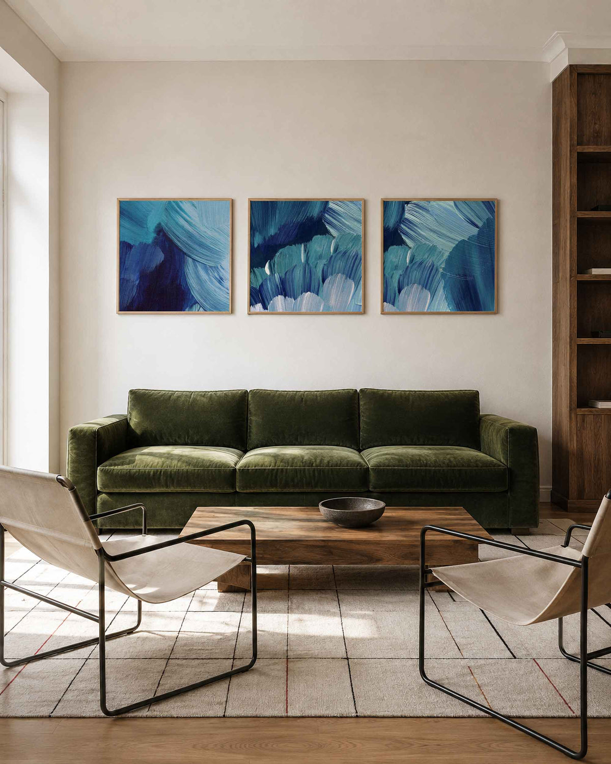 Interieurpresentatie van een driedelige vierkante posterset met blauwe abstracte