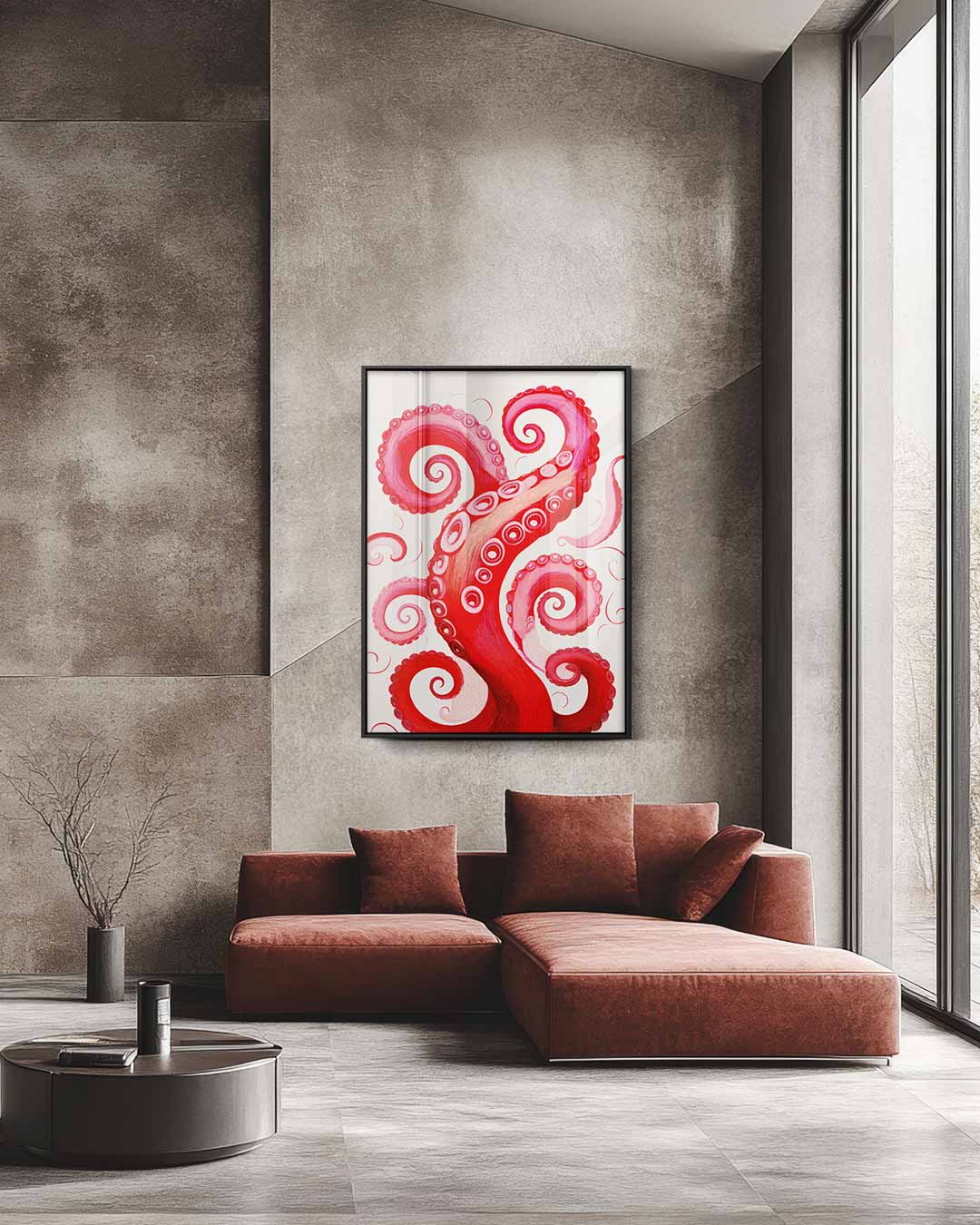 Rode Octopus Tentakel Illusie Kunstwerk-canvas-dibond-plexiglas-wanddecoratie-WallArtistic