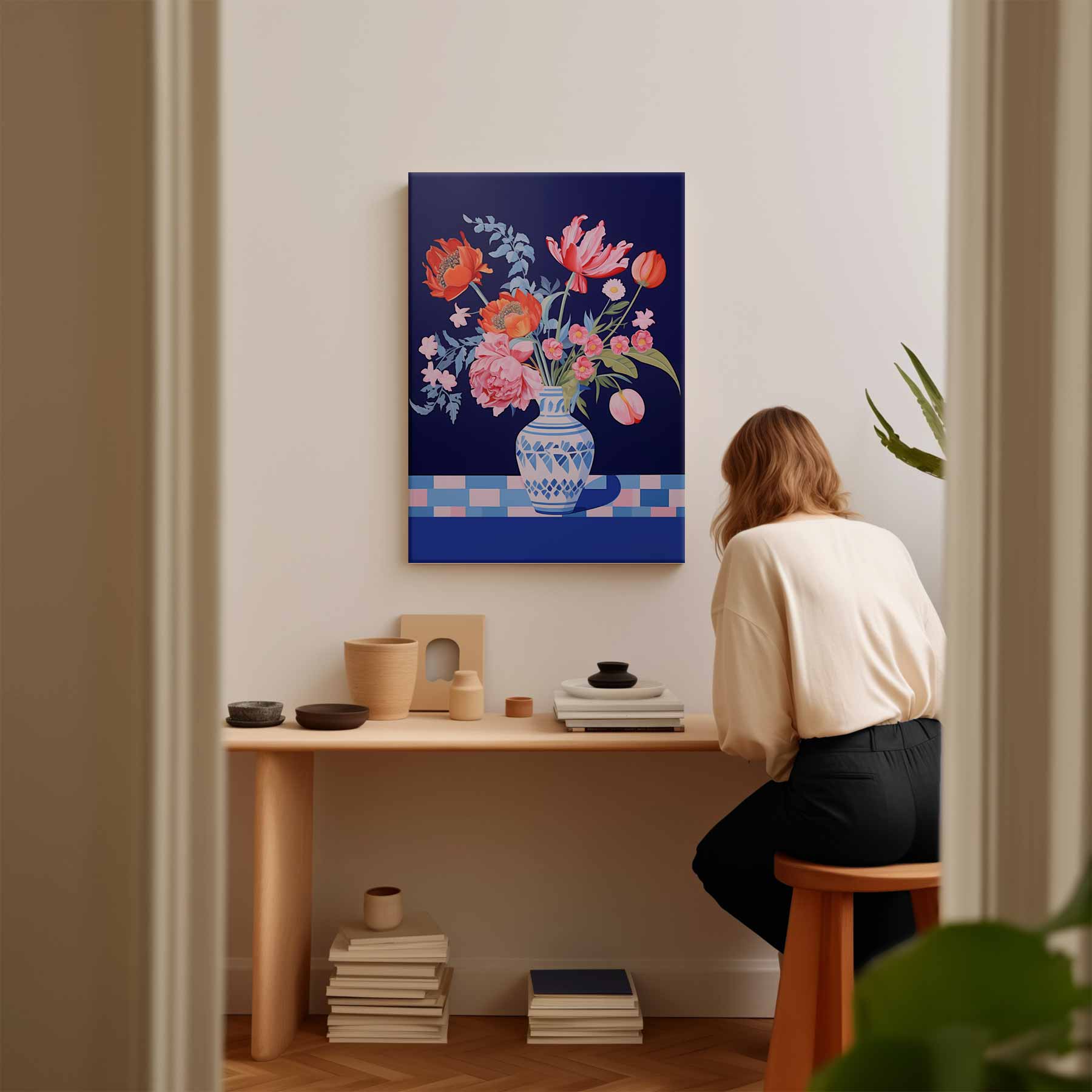 Bloemenpracht in Blauwe Vaas Kunstwerk-canvas-dibond-plexiglas-wanddecoratie-WallArtistic