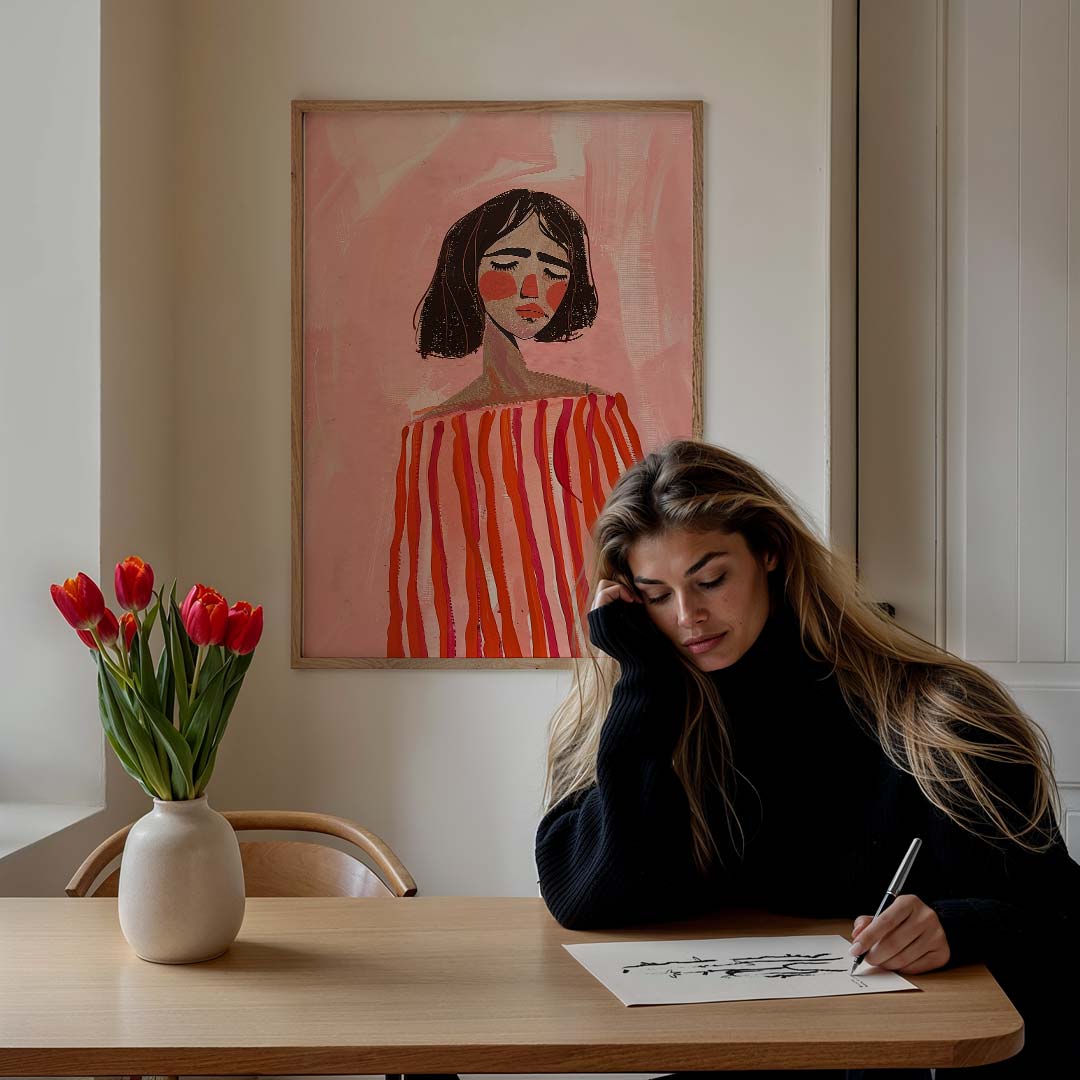 Dromerige Portretposter in Roze Tinten Poster-WallArtistic