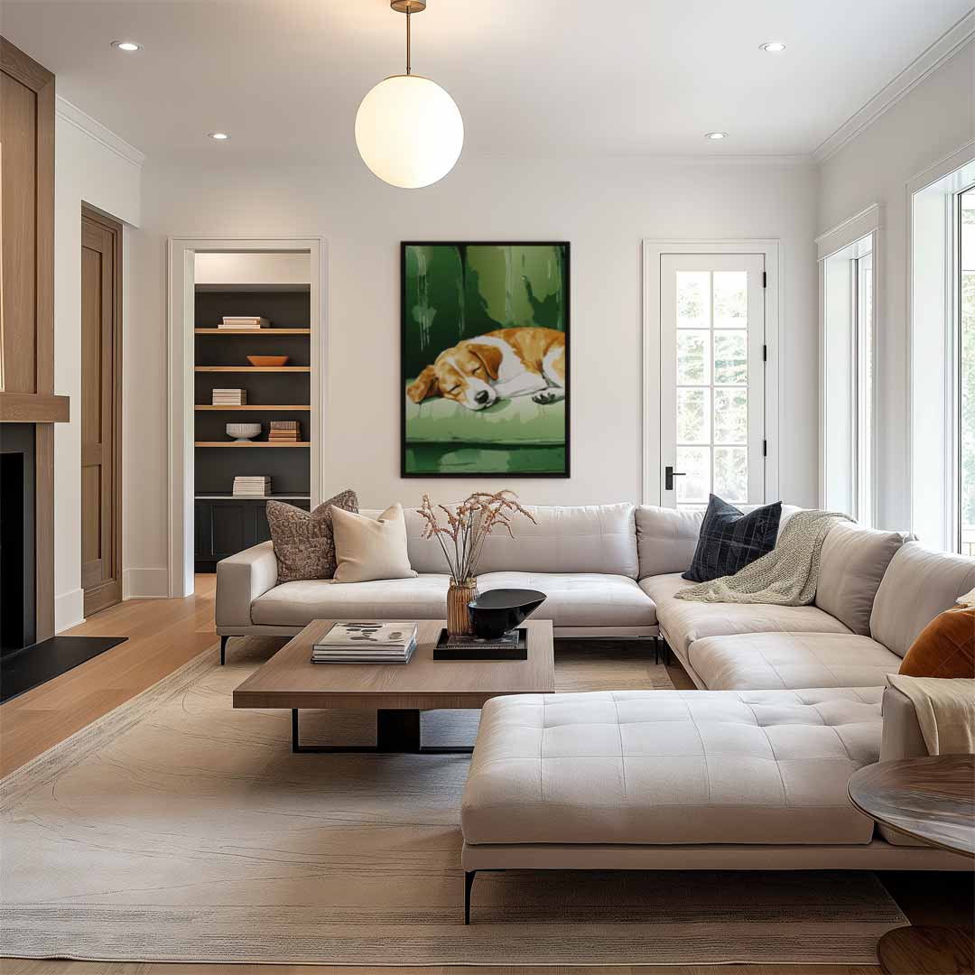 Slapende Beagle op Groene Bank Kunstwerk-canvas-dibond-plexiglas-wanddecoratie-WallArtistic