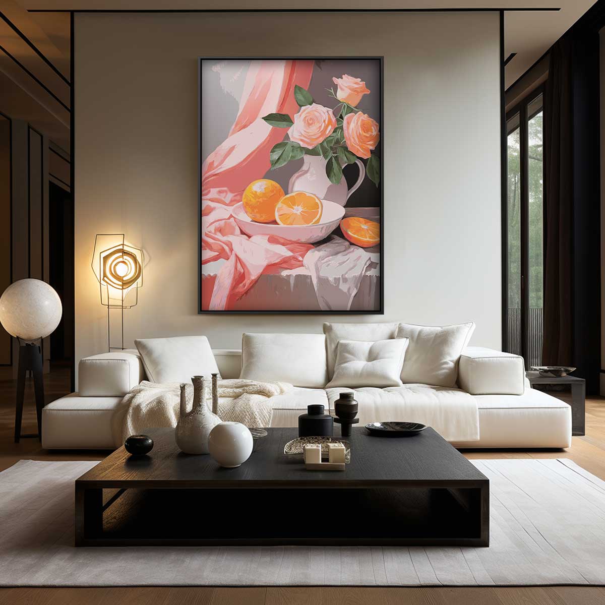 Bloemen en Sinaasappels Stillleven Kunstwerk-canvas-dibond-plexiglas-wanddecoratie-WallArtistic