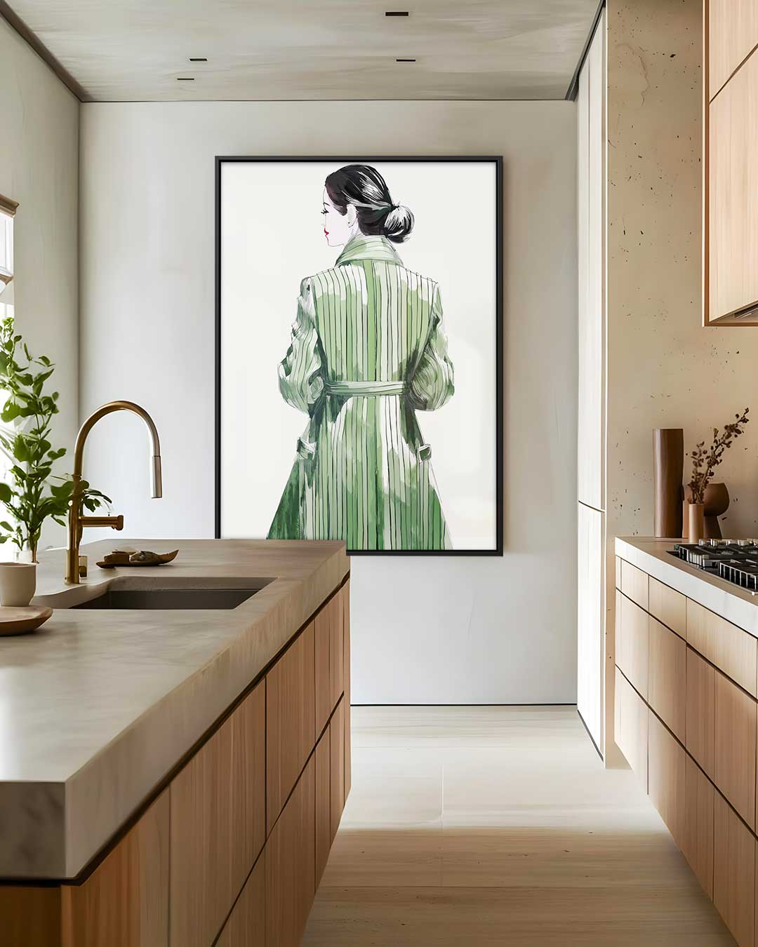 Elegante Gestalte in Groene Jas Kunstwerk-canvas-dibond-plexiglas-wanddecoratie-WallArtistic