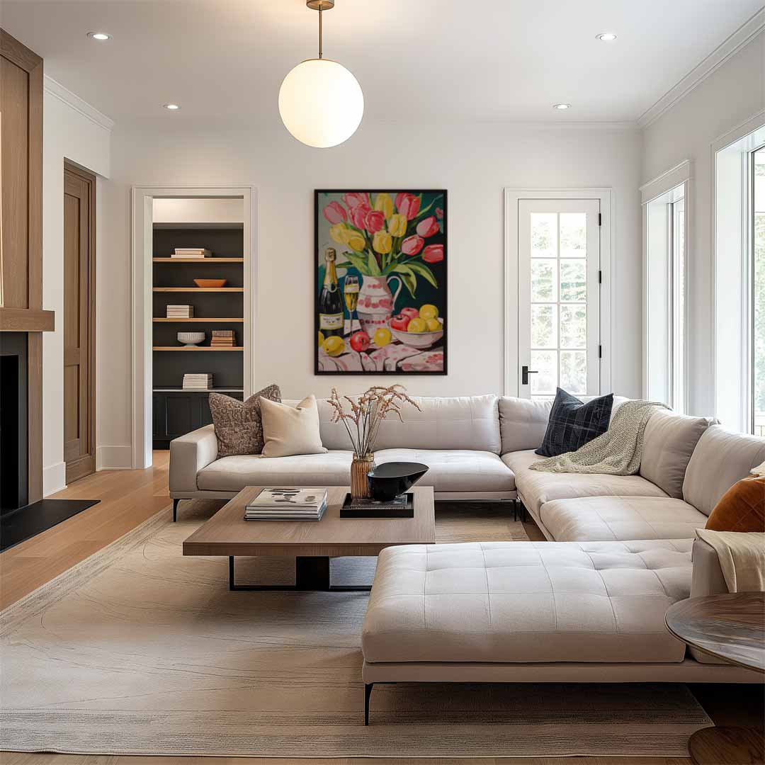 Tulpen en Champagne Stilleven Kunstwerk-canvas-dibond-plexiglas-wanddecoratie-WallArtistic