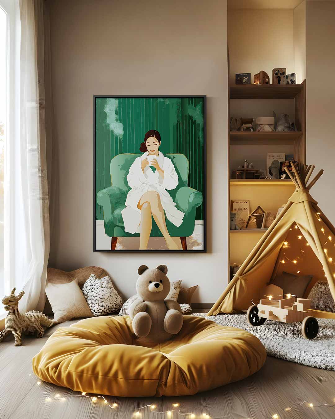 Ontspannen Moment Vrouw Met Koffiekop Kunstwerk-canvas-dibond-plexiglas-wanddecoratie-WallArtistic