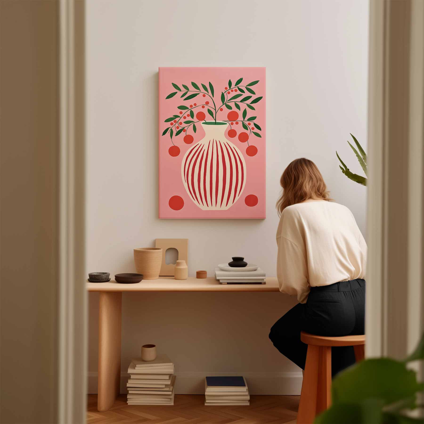 Speels Stilleven met Vaas en Bessen Kunstwerk-canvas-dibond-plexiglas-wanddecoratie-WallArtistic