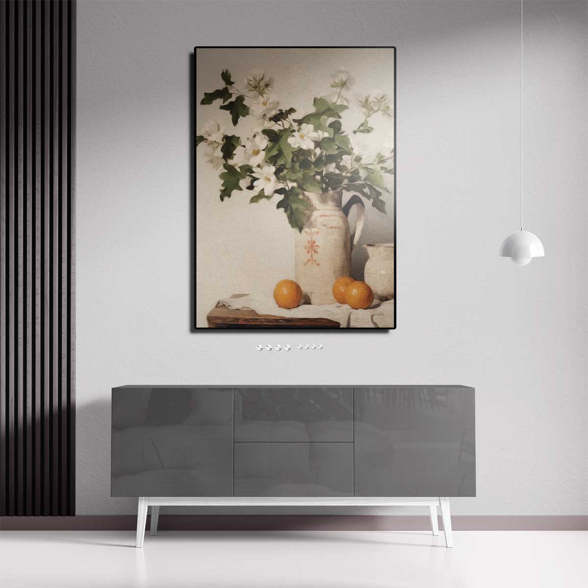 Bloemen en Sinaasappels in Aardewerken Kan Kunstwerk-canvas-dibond-plexiglas-wanddecoratie-WallArtistic