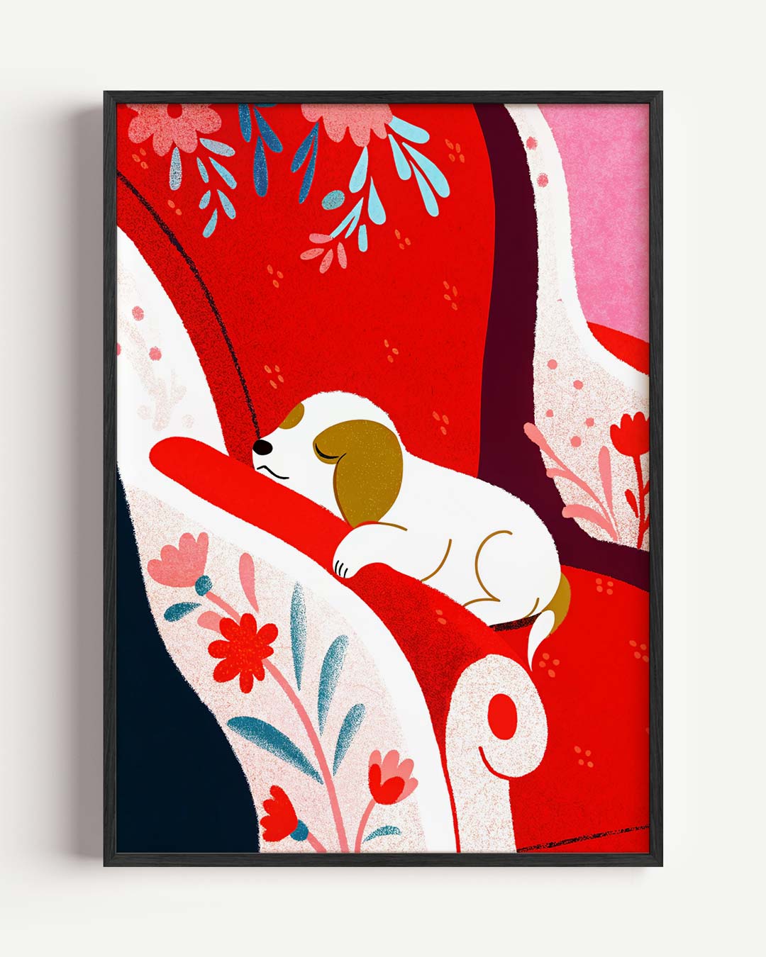 Schattige Puppy op Rode Fauteuil Poster-WallArtistic