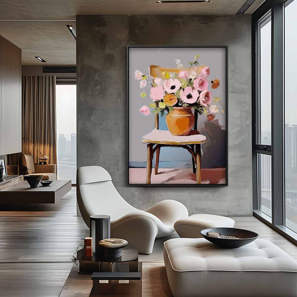 Bloemenpracht op Stoel Kunstwerk-canvas-dibond-plexiglas-wanddecoratie-WallArtistic