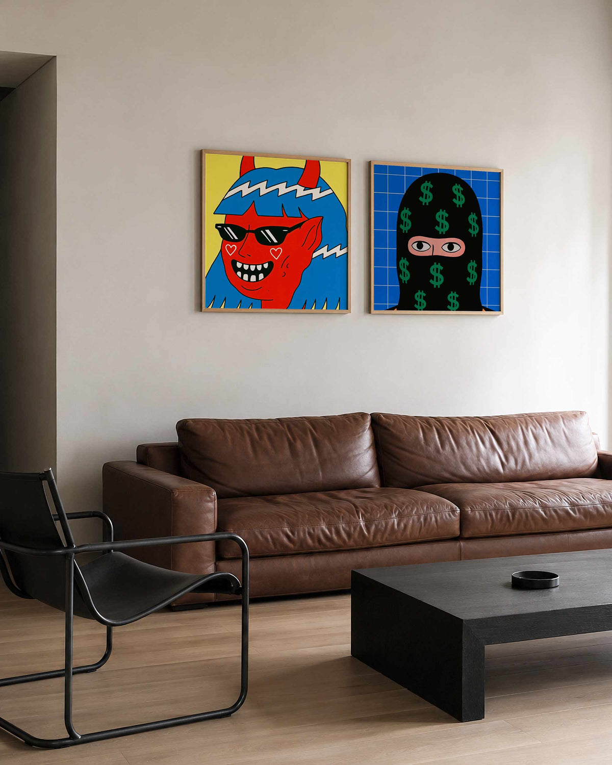 Interieurpresentatie van een tweedelige vierkante posterset met duivel en geldboef