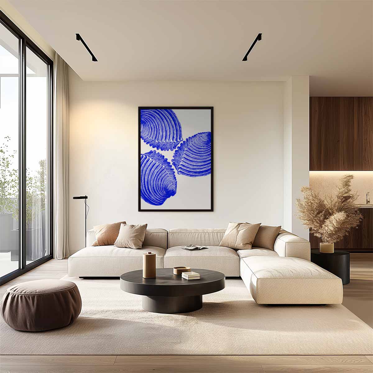 Blauwe Schelp Trio Kunstwerk Kunstwerk-canvas-dibond-plexiglas-wanddecoratie-WallArtistic