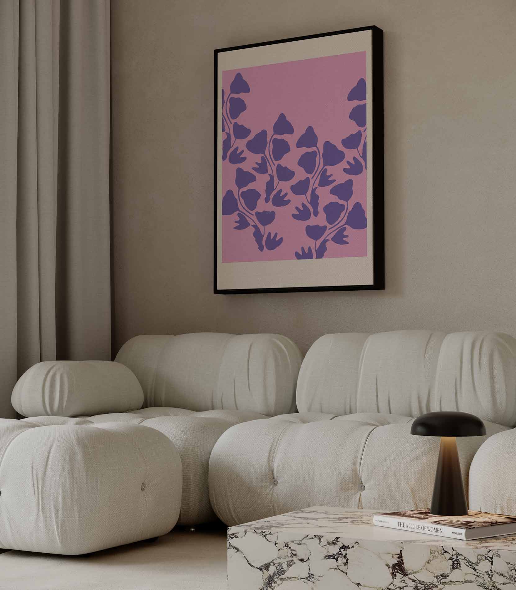 Vrolijke Paarse Bloemen op Roze Kunstwerk-canvas-dibond-plexiglas-wanddecoratie-WallArtistic