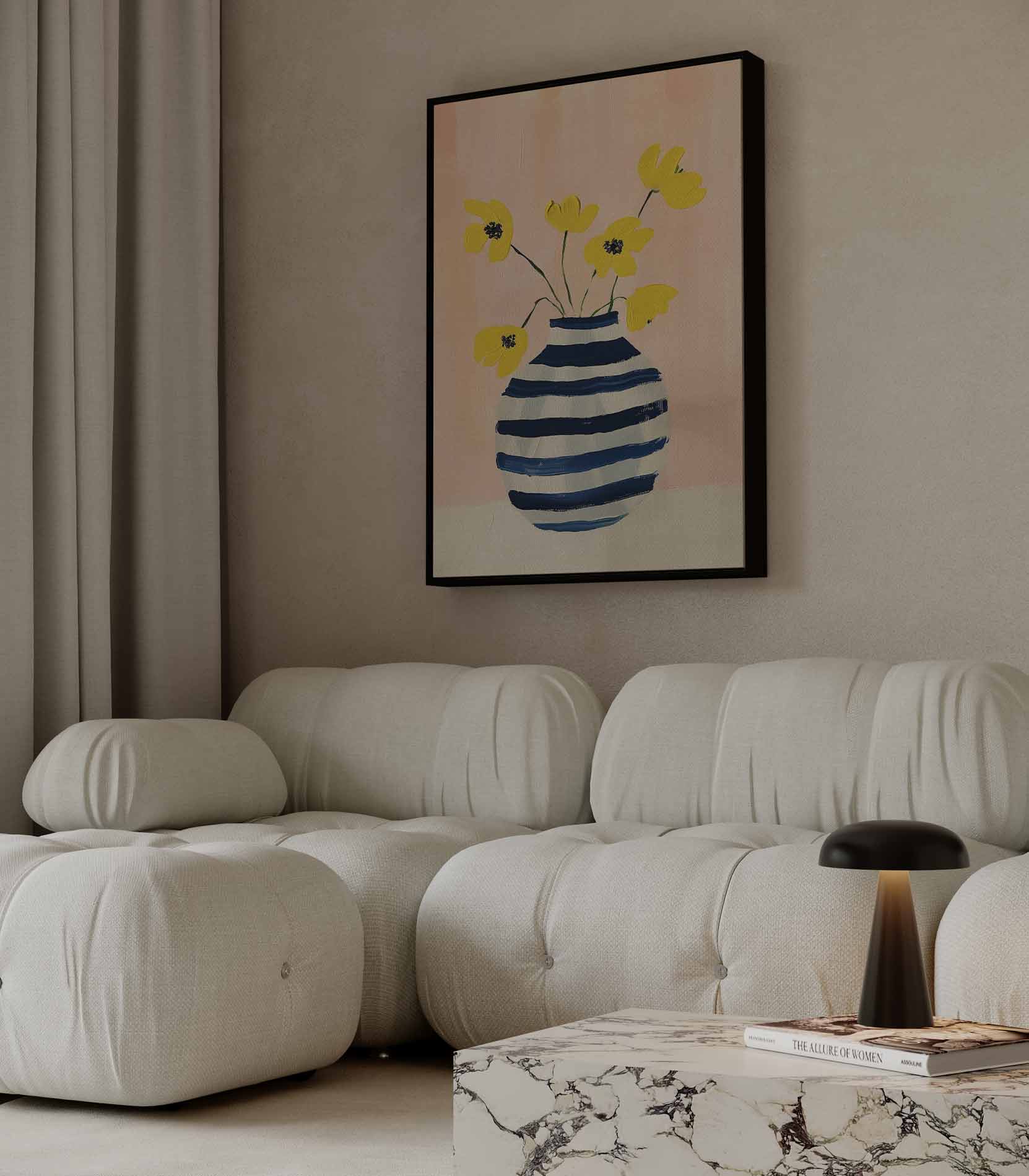 Zonnige Bloemen in Gestreepte Vaas Kunstwerk-canvas-dibond-plexiglas-wanddecoratie-WallArtistic