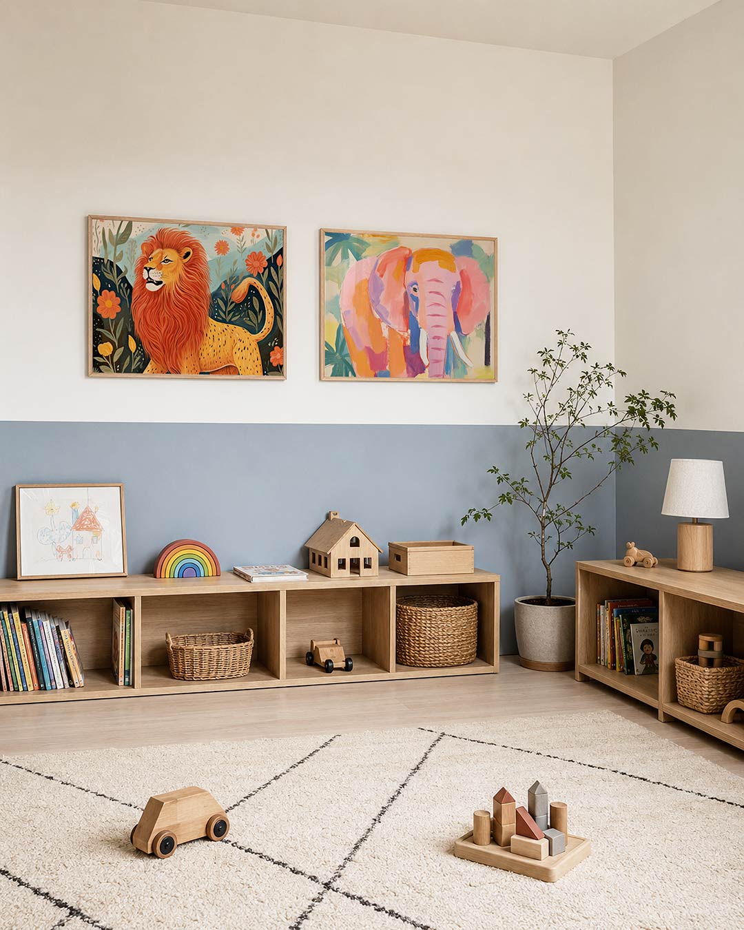 Tweedelige posterset met een leeuw met een weelderige manen in warme tinten, getoond in een interieur