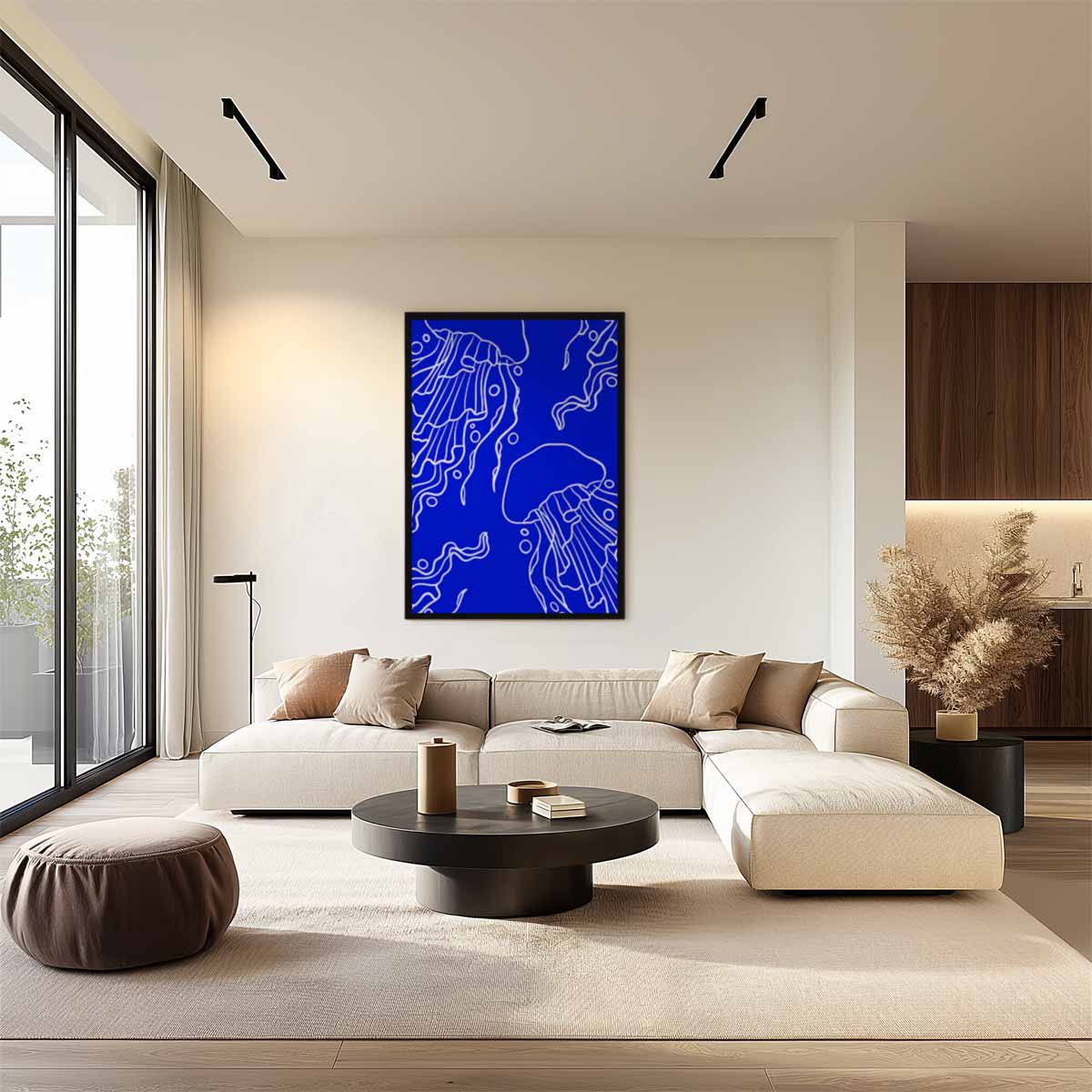 Dromerige Kwallen in Diepblauw Kunstwerk-canvas-dibond-plexiglas-wanddecoratie-WallArtistic